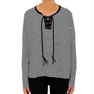 NSF Women's Striped Soft Cotton Lace Up Long Sleeve Shirt Sweater Pullover! S
